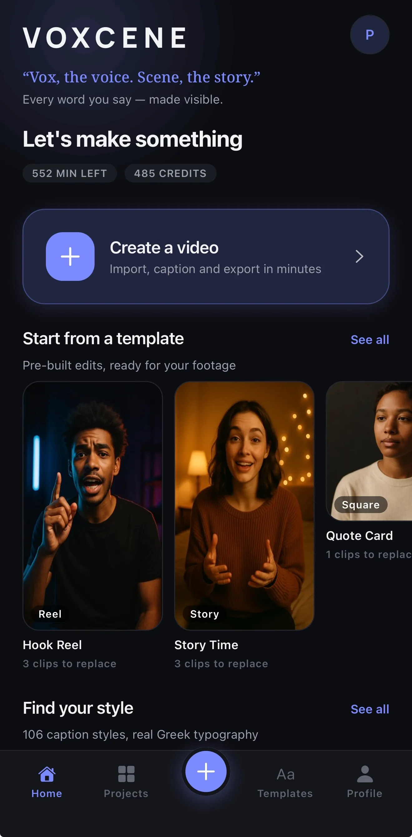 Voxcene on iPhone: Let's make something, with Create a video and a row of ready-made templates