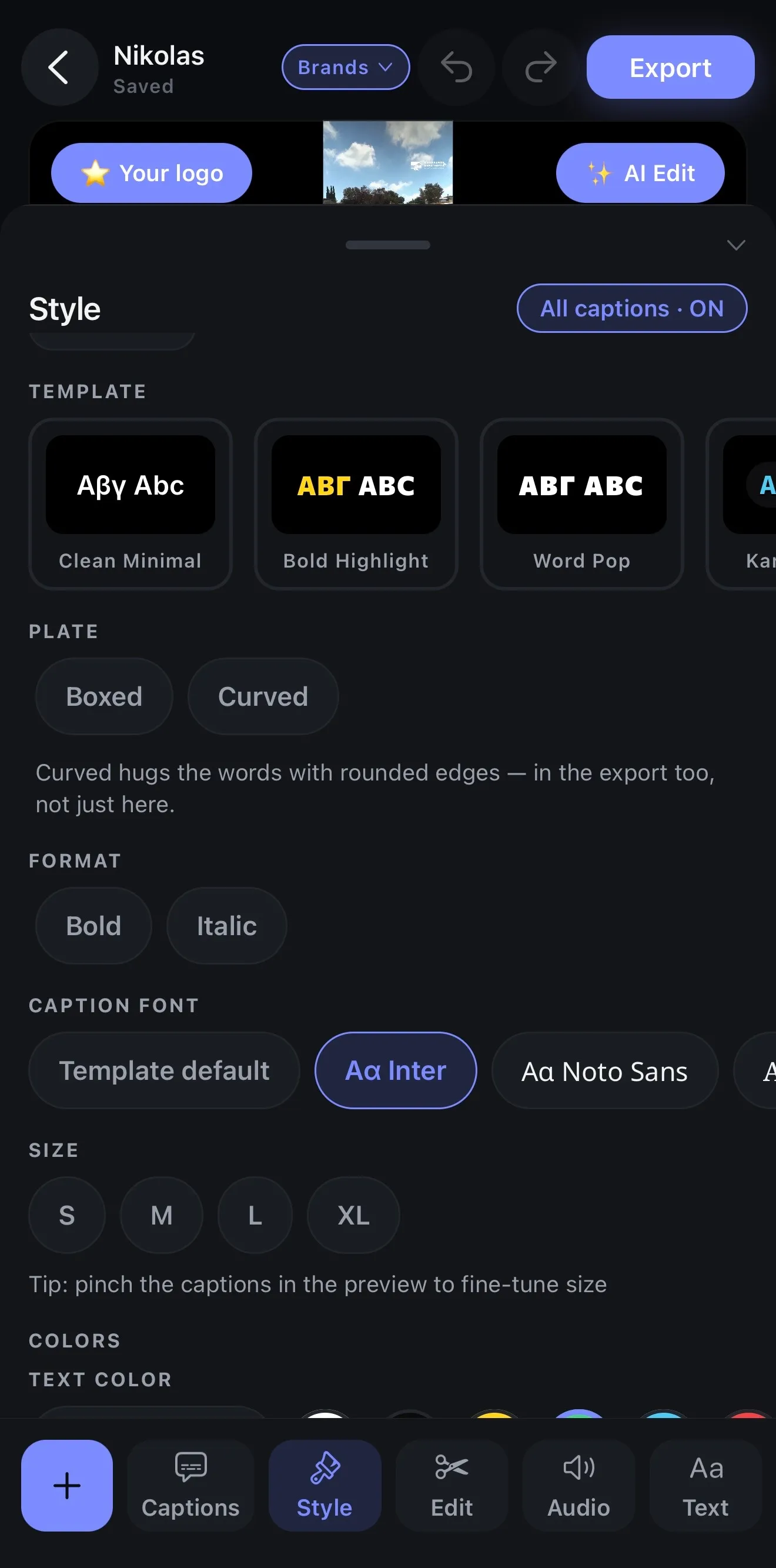 The Style panel: caption templates in Greek and Latin, a font picker, size, and the colour rows
