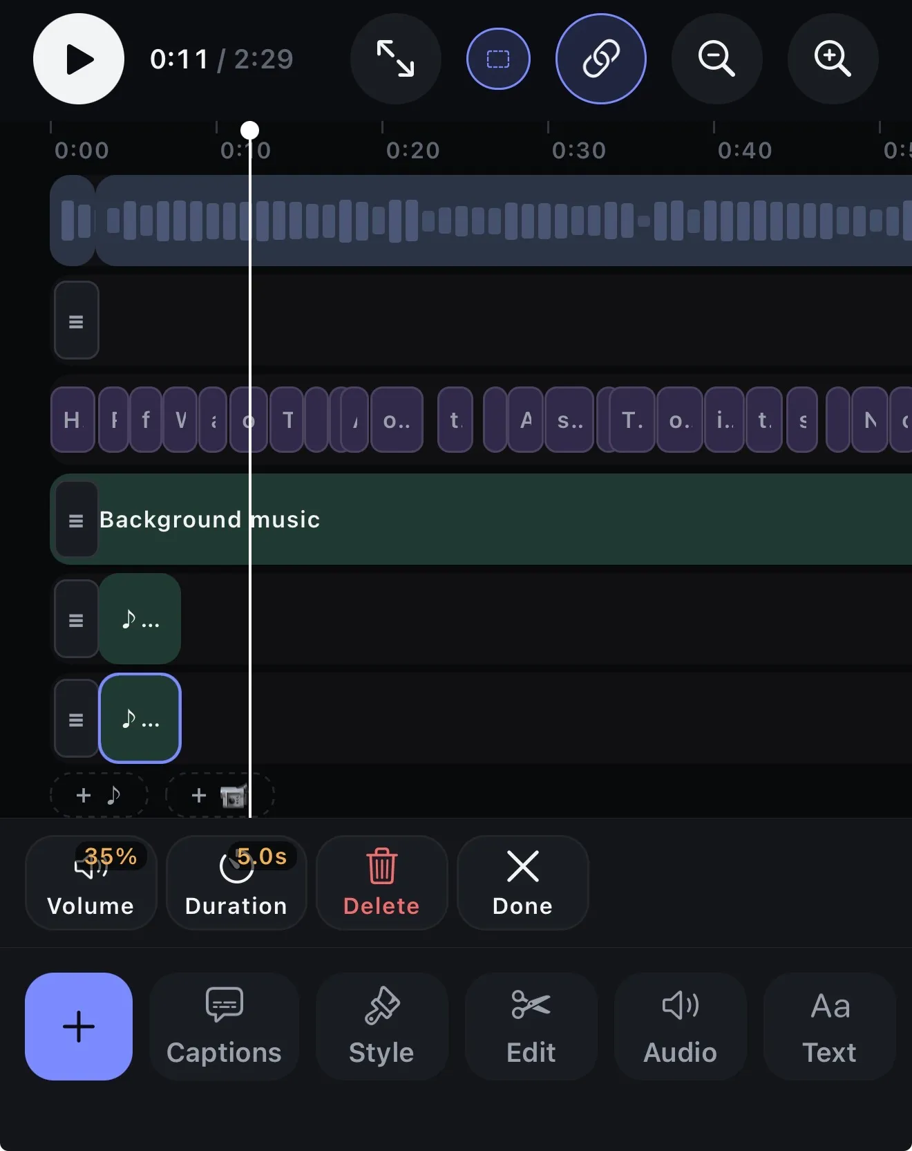 The Voxcene timeline: footage waveform, caption cards, a background music lane and two sound lanes, with volume and duration controls