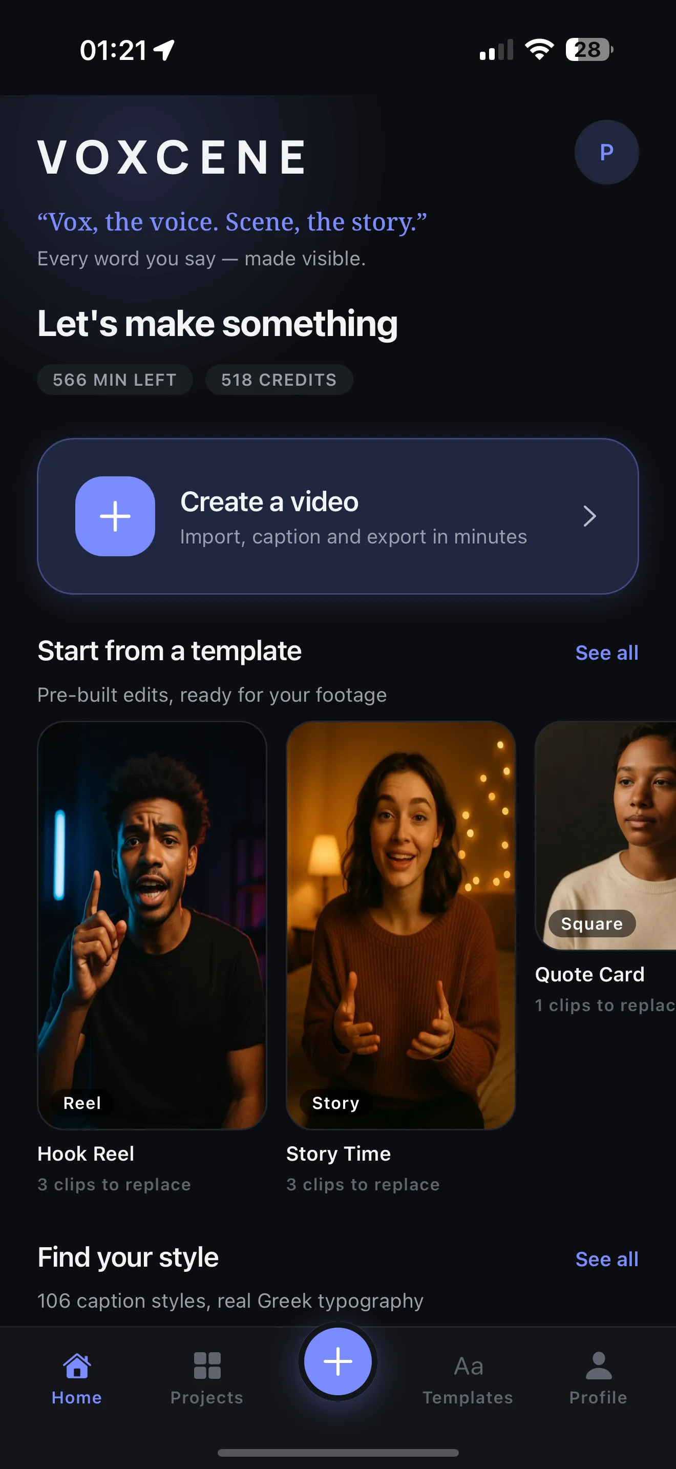 Voxcene on iPhone: Let's make something, with Create a video and a row of ready-made templates