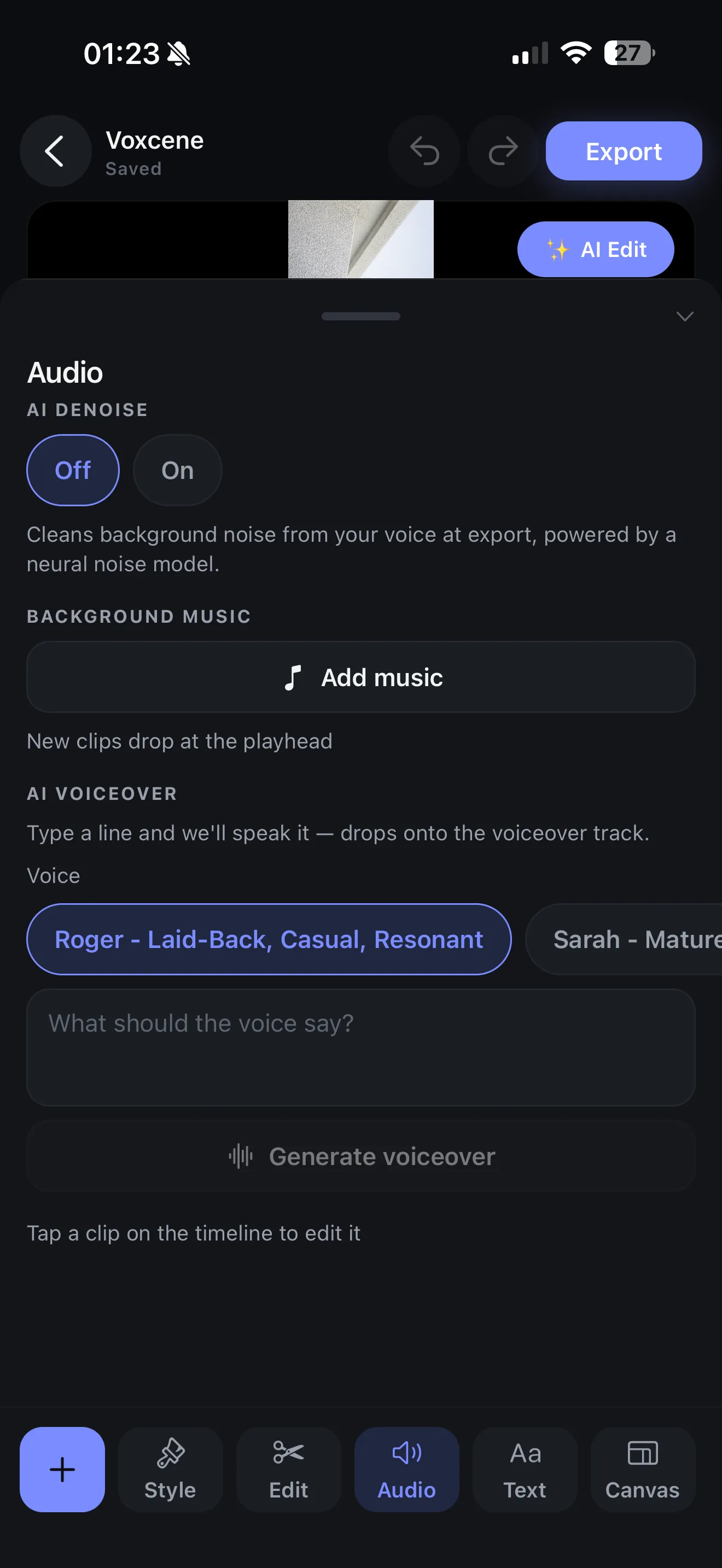 The Audio panel: AI denoise, background music, and AI voiceover with a voice picker