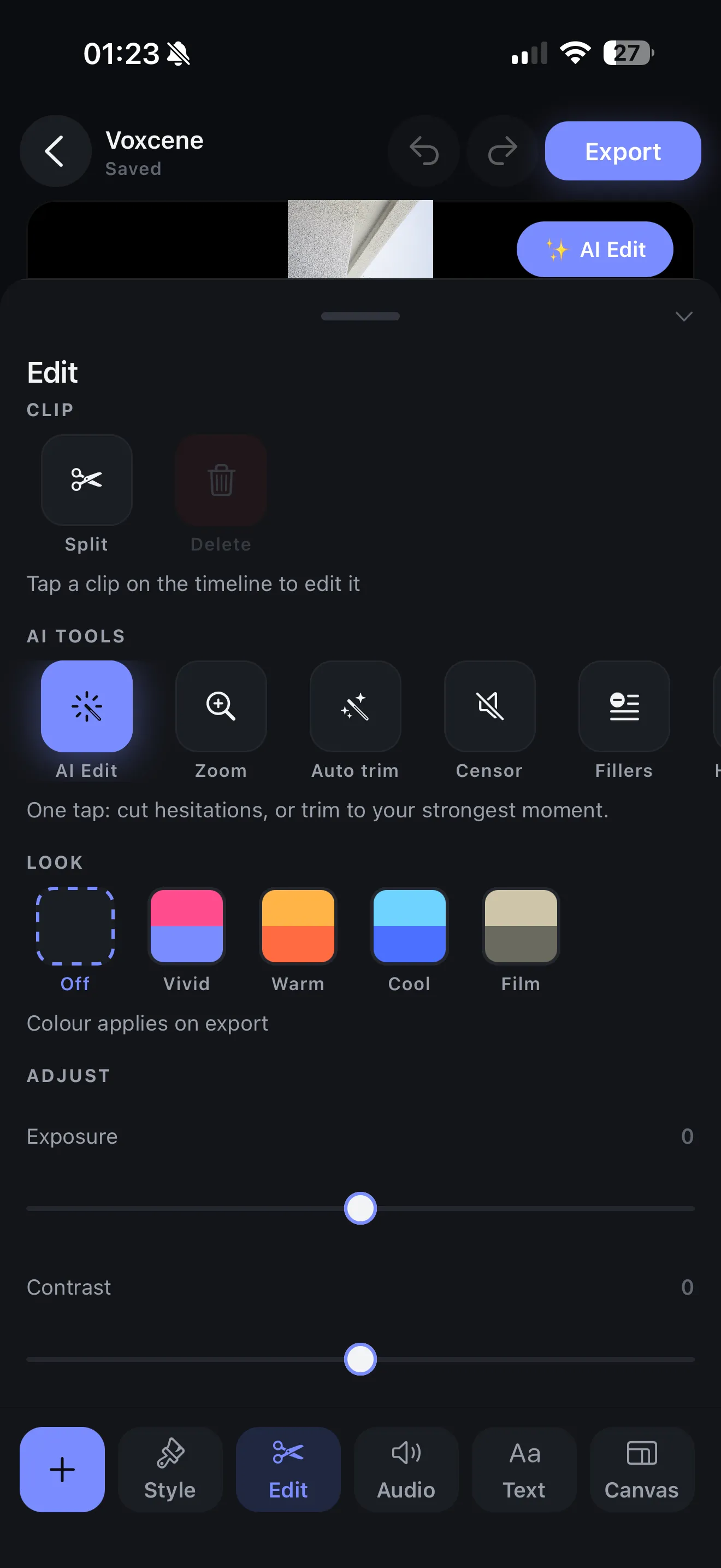 The Edit panel: AI tools, the four graded looks, and the exposure and contrast sliders
