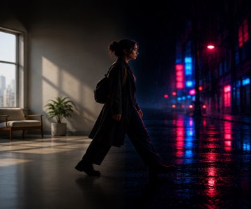 A figure walks out of a daylight room into a neon street